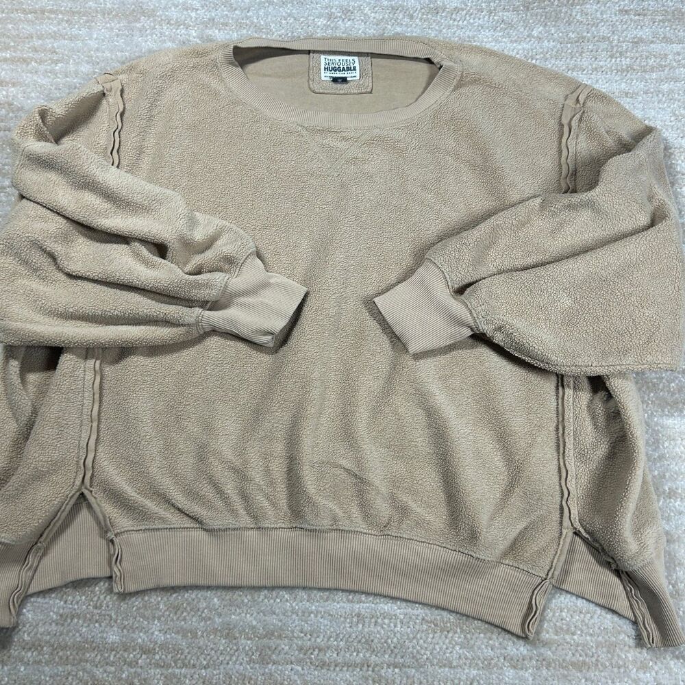 American Eagle Sweatshirt Mens XL Tan Sherpa Fleece Pullover Crewneck Huggable